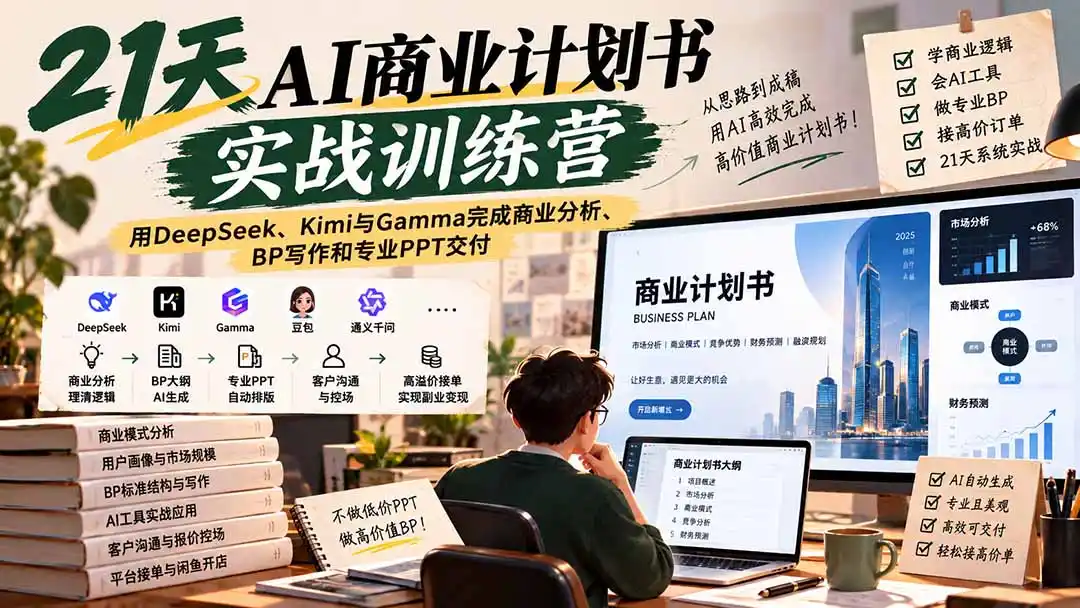 【无水印】21天AI商业计划书实战训练营：用DeepSeek、Kimi与Gamma完成商业分析、BP写作和专业PPT交付-翻身路网创