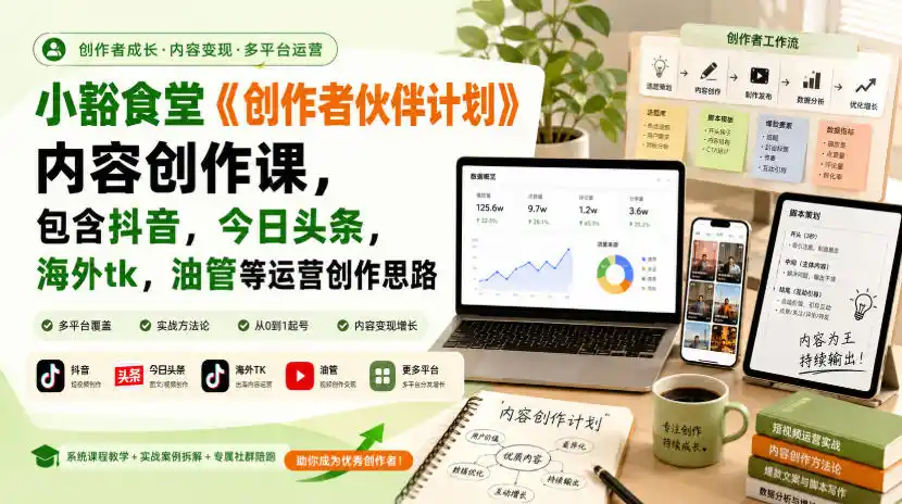 小豁食堂《创作者伙伴计划》内容创作课，包含抖音，今日头条，海外tk，油管等运营创作思路-翻身路网创