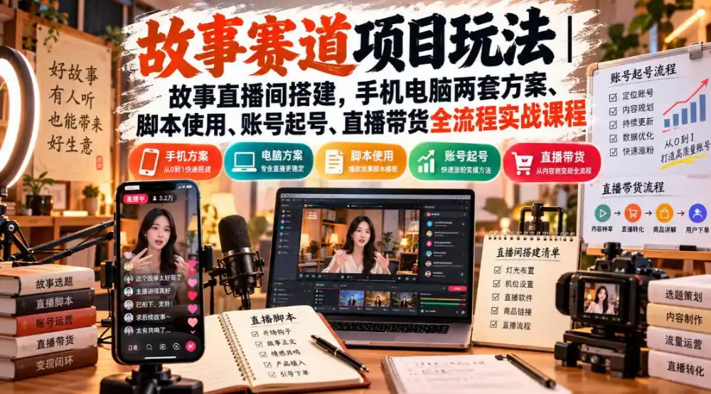 故事赛道项目玩法｜故事直播间搭建，手机电脑两套方案、脚本使用、账号起号、直播带货全流程实战课程-翻身路网创