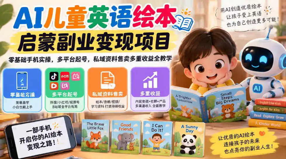 AI儿童英语绘本启蒙副业变现项目，零基础手机实操，多平台起号，私域资料售卖多重收益全教学-翻身路网创