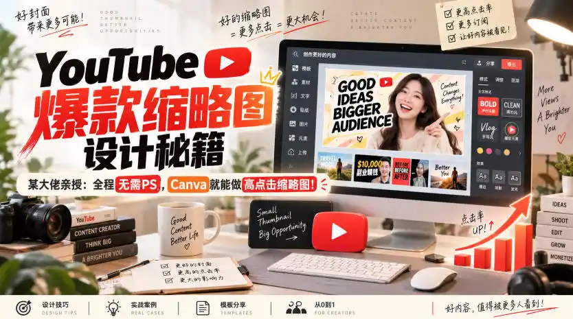 YouTube爆款缩略图设计秘籍，某油管大佬(610万订阅者)亲授，全程无需PS，Canva就能做高点击缩略图！【原创双语字幕】-翻身路网创