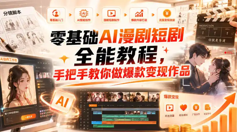 零基础AI漫剧短剧全能教程，从AI智能体搭建、文案脚本分镜、多平台AI生视频、剪映精修，覆盖全题材创作，手把手教你做爆款变现作品-翻身路网创