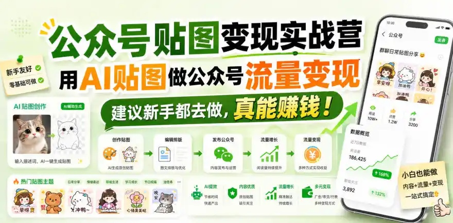 公众号贴图变现实战营，用AI贴图做公众号流量变现，建议新手都去做，真能賺钱！-翻身路网创