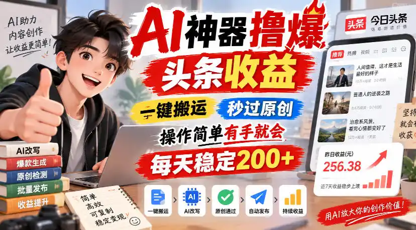 AI神器撸爆头条收益,一键搬运,秒过原创,操作简单有手就会,每天稳定200+【揭秘】-翻身路网创
