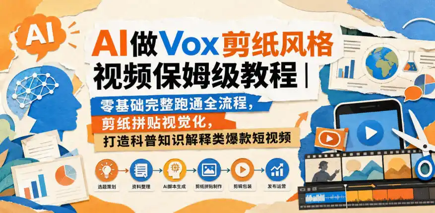 AI做Vox剪纸风格视频保姆级教程｜零基础完整跑通全流程，剪纸拼贴视觉化，打造科普知识解释类爆款短视频-翻身路网创