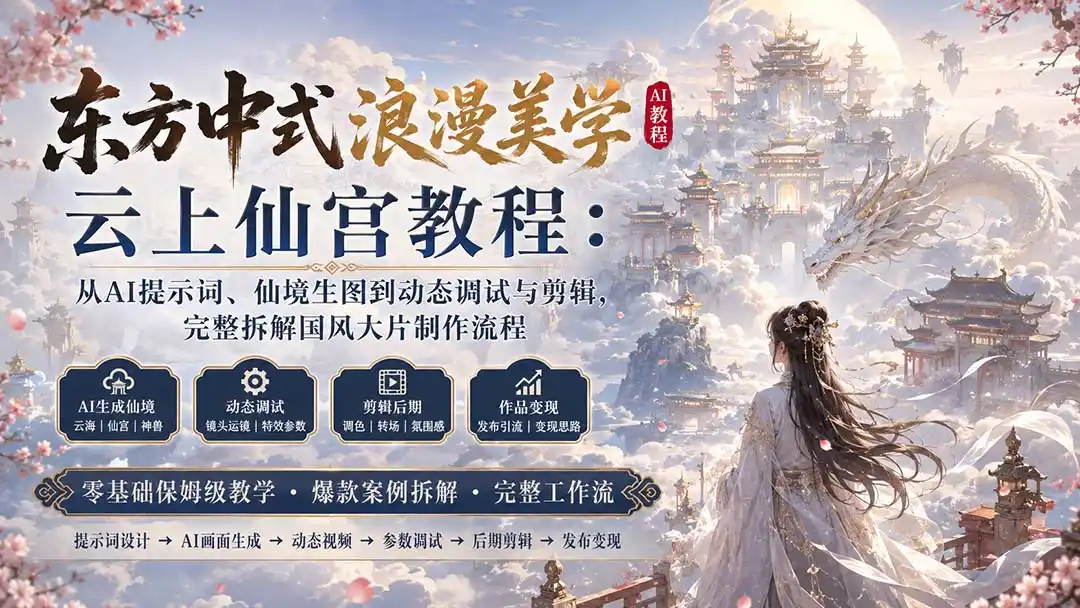 东方中式浪漫美学云上仙宫教程：从AI提示词、仙境生图到动态调试与剪辑，完整拆解国风大片制作流程-翻身路网创