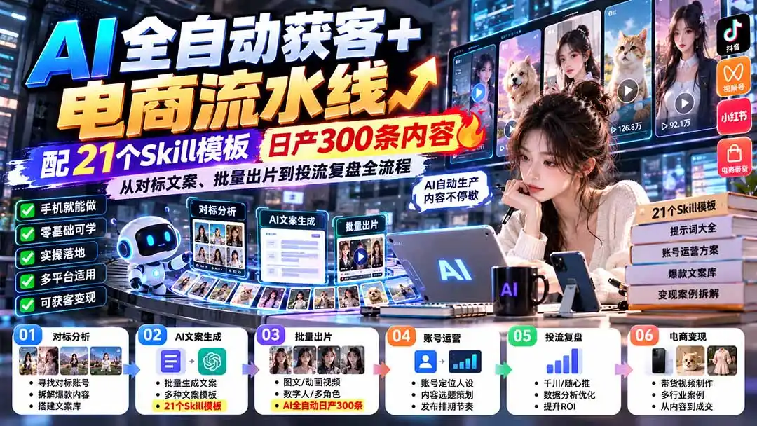 【无水印】AI全自动获客+电商流水线:配21个Skill模板,日产300条内容,从对标文案、批量出片到投流复盘全流程-翻身路网创