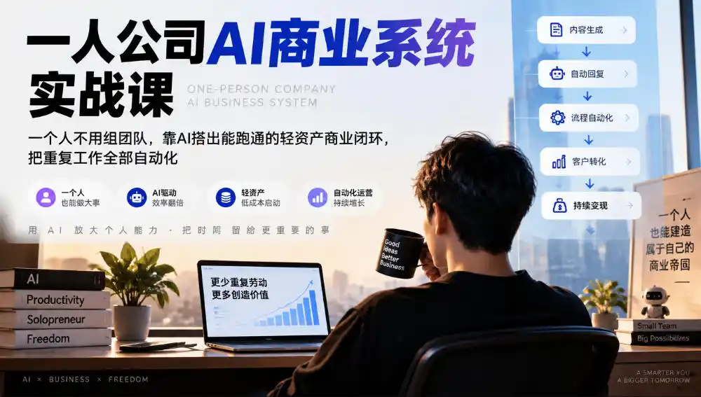 一人公司AI商业系统实战课，一个人不用组团队，靠AI搭出能跑通的轻资产商业闭环，把重复工作全部自动化-翻身路网创