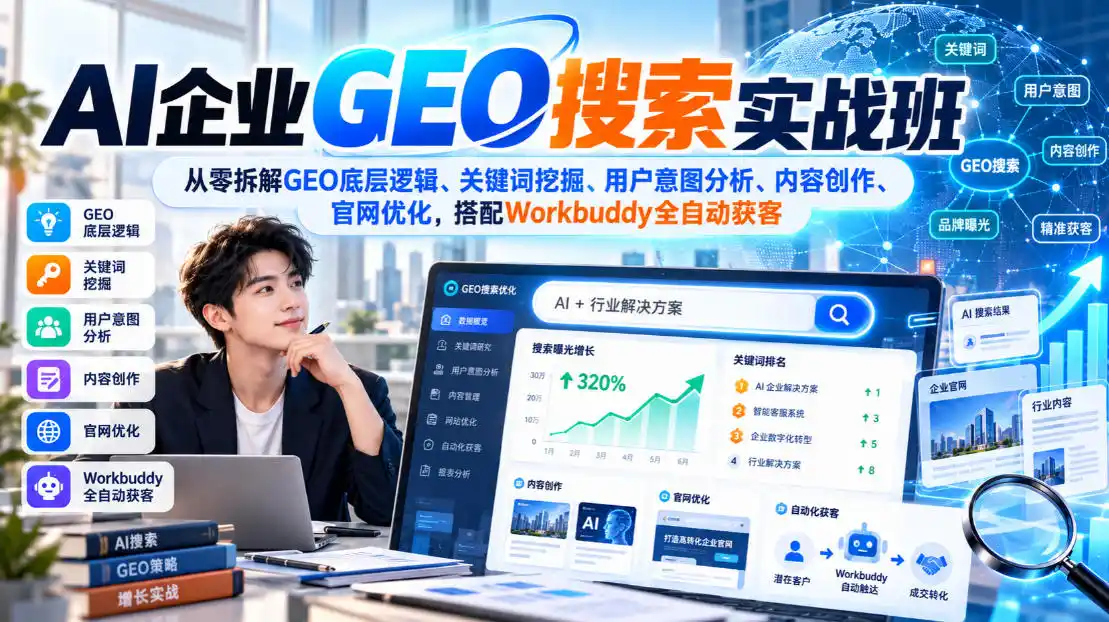 AI企业GEO搜索实战班，从零拆解GEO底层逻辑、关键词挖掘、用户意图分析、内容创作、官网优化，搭配Workbuddy全自动获客-翻身路网创