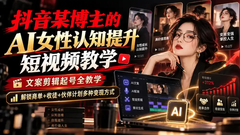 抖音某博主的Ai女性认知提升短视频教学,文案剪辑起号全教学,解锁商单+收徒+伙伴计划多种变现方式-翻身路网创