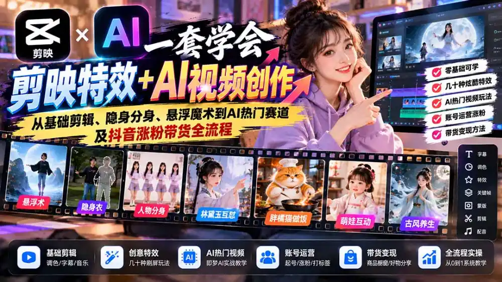 一套学会剪映特效+AI视频创作：从基础剪辑、隐身分身、悬浮魔术到AI热门赛道及抖音涨粉带货全流程-翻身路网创
