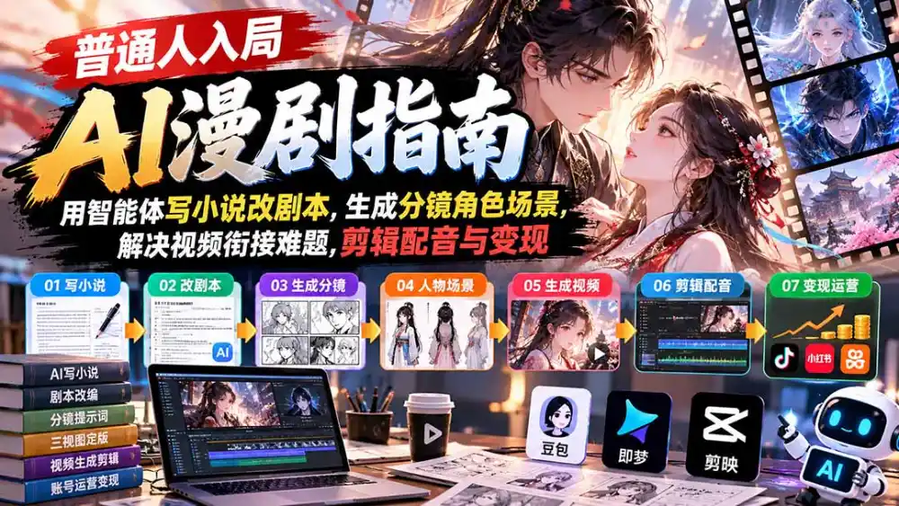 【无水印】普通人入局AI漫剧指南:用智能体写小说改剧本,生成分镜角色场景,解决视频衔接难题,剪辑配音与变现-翻身路网创