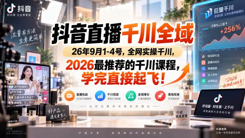 抖音直播千川全域26年9月1-4号，全网实操千川，2026最推荐的千川课程，学完直接起飞！-翻身路网创