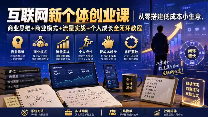 互联网新个体创业课｜从零搭建低成本小生意，商业思维+商业模式+流量实战+个人成长全闭环教程-翻身路网创