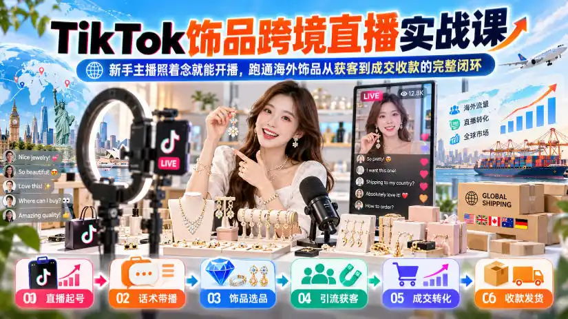 TikTok饰品跨境直播实战课，新手主播照着念就能开播，跑通海外饰品从获客到成交收款的完整闭环-翻身路网创