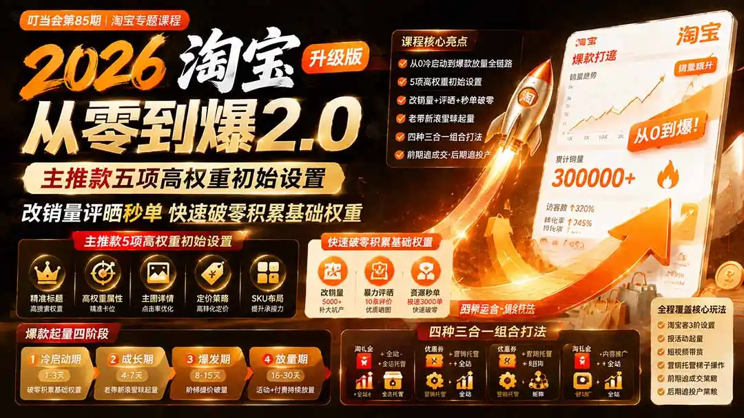 2026淘宝从零到爆2.0第85期；主推款五项高权重初始设置，改销量评晒秒单快速破零积累基础权重-翻身路网创