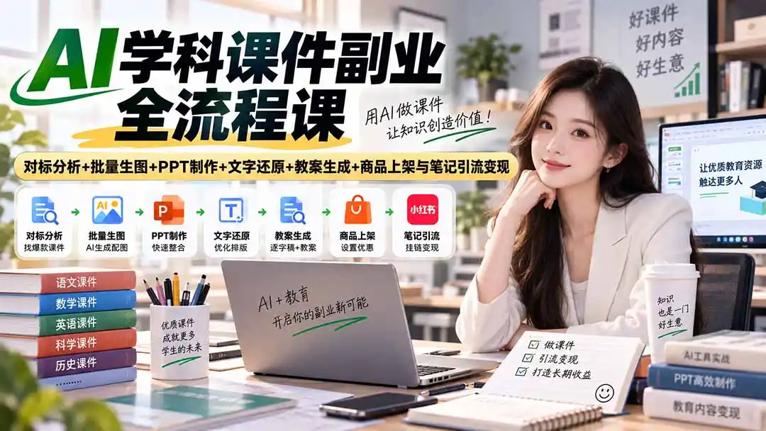 AI学科课件副业全流程课｜对标分析+批量生图+PPT制作+文字还原+教案生成+商品上架与笔记引流变现-翻身路网创