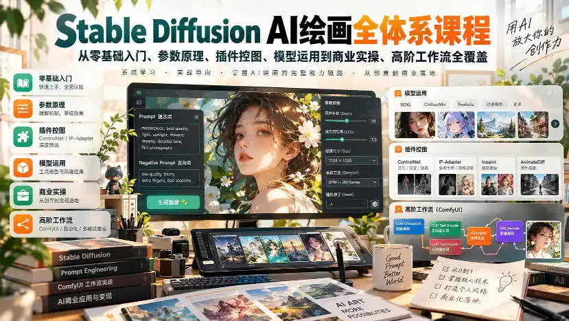 【无水印】Stable Diffusion AI绘画全体系课程，从零基础入门、参数原理、插件控图、模型运用到商业实操、高阶工作流全覆盖-翻身路网创