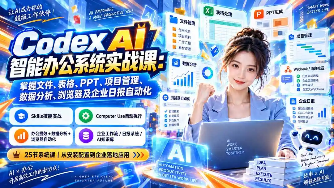 Codex AI智能办公系统实战课：掌握文件、表格、PPT、项目管理、数据分析、浏览器及企业日报自动化-翻身路网创
