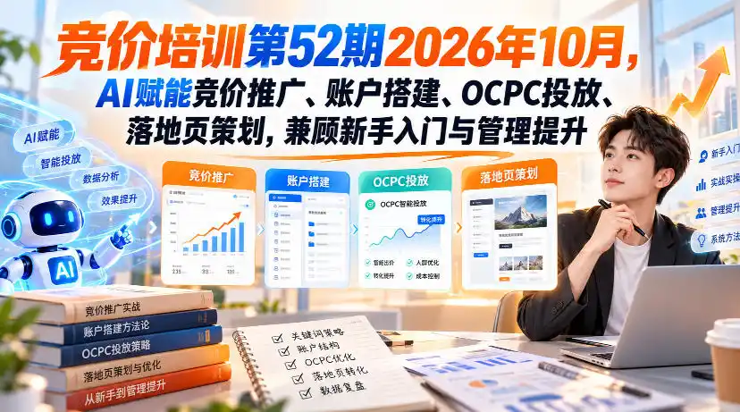 【无水印】竞价培训第52期2026年10月，AI赋能竞价推广、账户搭建、OCPC投放、落地页策划，兼顾新手入门与管理提升-翻身路网创