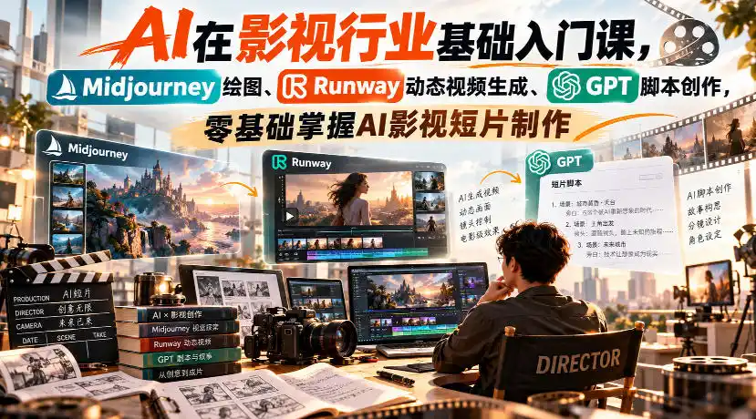 【无水印】AI在影视行业基础入门课，Midjourney绘图、Runway动态视频生成、GPT脚本创作，零基础掌握AI影视短片制作-翻身路网创