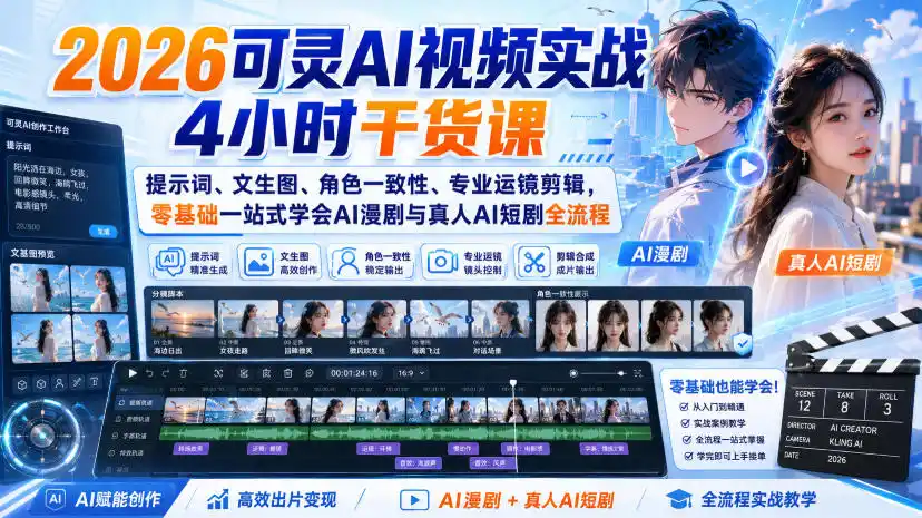 2026可灵AI视频实战4小时干货课｜提示词、文生图、角色一致性、专业运镜剪辑，零基础一站式学会AI漫剧与真人AI短剧全流程-翻身路网创