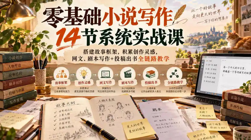 零基础小说写作14节系统实战课，搭建故事框架，积累创作灵感，网文、剧本写作+投稿出书全链路教学-翻身路网创