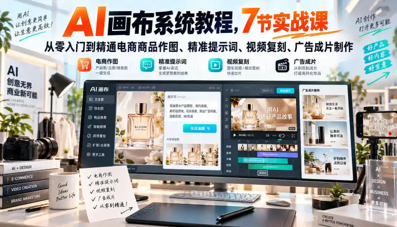 AI画布系统教程，7节实战课从零入门到精通电商商品作图、精准提示词、视频复刻、广告成片制作-翻身路网创