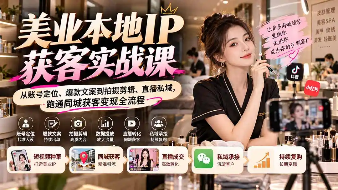 【无水印】美业本地IP获客实战课：从账号定位、爆款文案到拍摄剪辑、直播私域，跑通同城获客变现全流程-翻身路网创