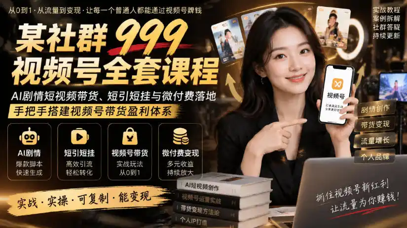 某社群999视频号全套课程，AI剧情短视频带货、短引短挂与微付费落地，手把手搭建视频号带货盈利体系-翻身路网创