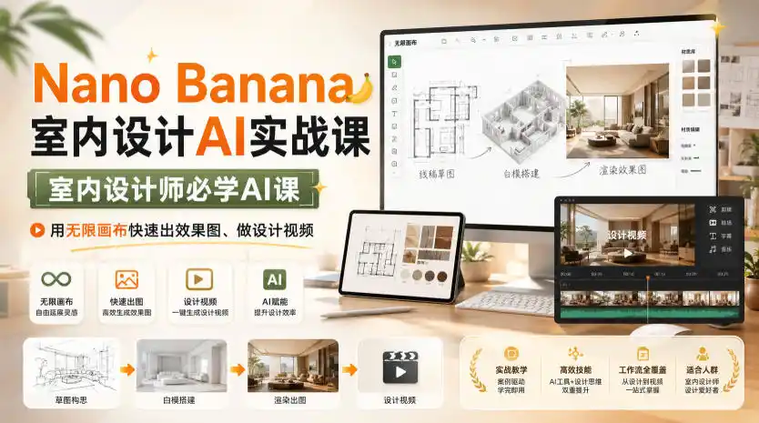 Nano Banana室内设计AI实战课,室内设计师必学AI课,用无限画布快速出效果图、做设计视频-翻身路网创
