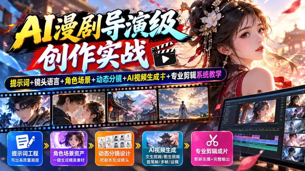 AI漫剧导演级创作实战：提示词+镜头语言+角色场景+动态分镜+AI视频生成+专业剪辑系统教学-翻身路网创