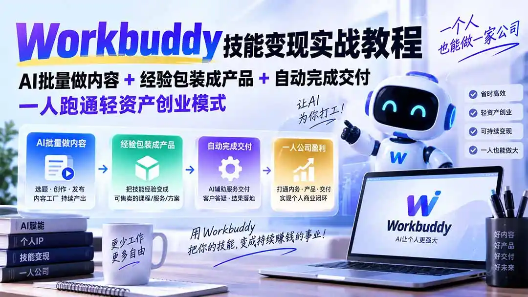 Workbuddy技能变现实战教程：AI批量做内容+经验包装成产品+自动完成交付，一人跑通轻资产创业模式-翻身路网创