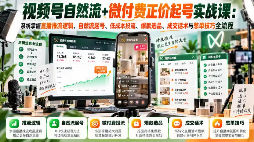视频号自然流+微付费正价起号实战课：系统掌握直播推流逻辑、自然流起号、低成本投流、爆款选品、成交话术与憋单技巧全流程-翻身路网创