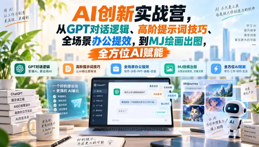 AI创新实战营，从GPT对话逻辑、高阶提示词技巧、全场景办公提效，到MJ绘画出图，全方位AI赋能-翻身路网创