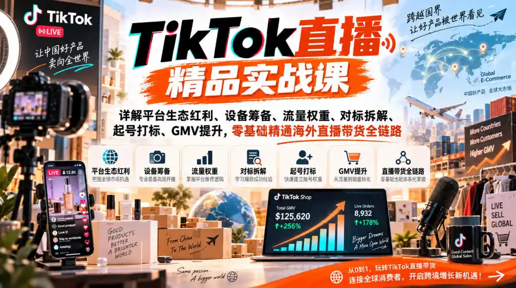 TikTok直播精品实战课，详解平台生态红利、设备筹备、流量权重、对标拆解、起号打标、GMV提升，零基础精通海外直播带货全链路-翻身路网创