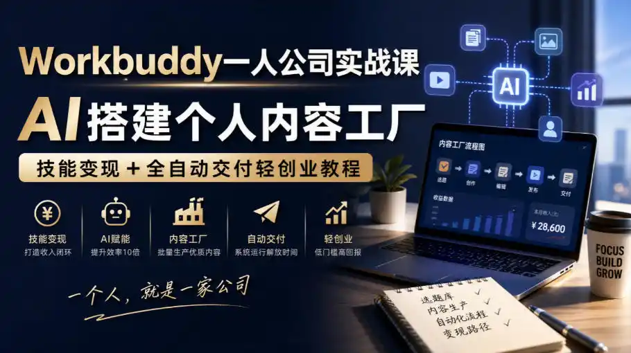 Workbuddy一人公司实战课，AI搭建个人内容工厂，技能变现+全自动交付轻创业教程-翻身路网创