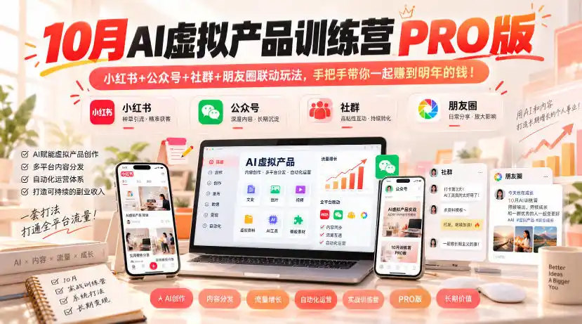 10月AI虚拟产品训练营PRO版，小红书+公众号+社群+朋友圈联动玩法，手把手带你一起赚到明年的钱！-翻身路网创