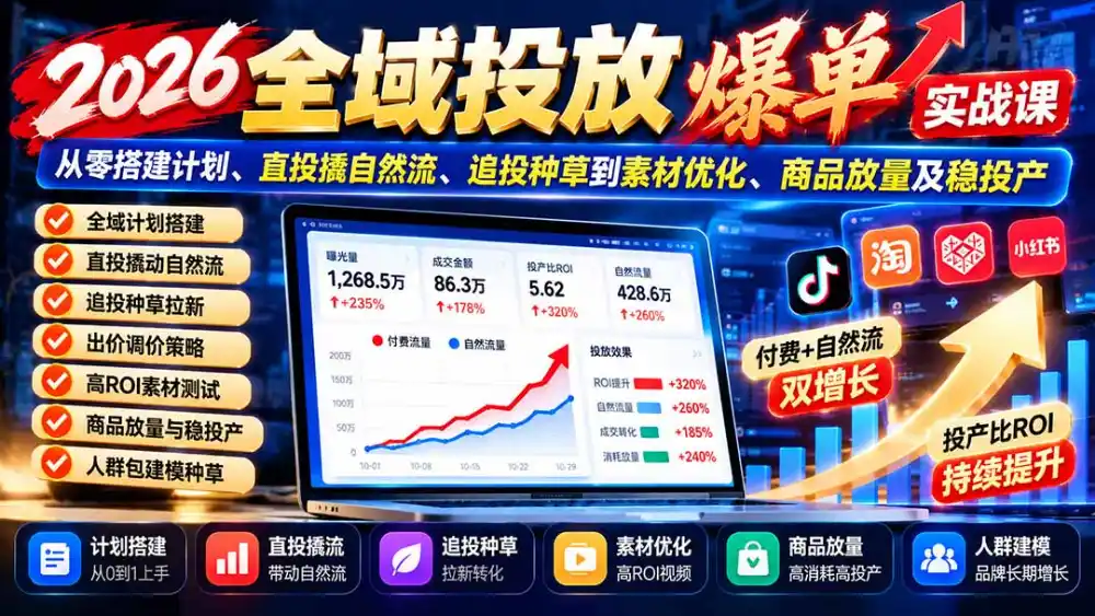 2026全域投放爆单实战课：从零搭建计划、直投撬自然流、追投种草到素材优化、商品放量及稳投产-翻身路网创