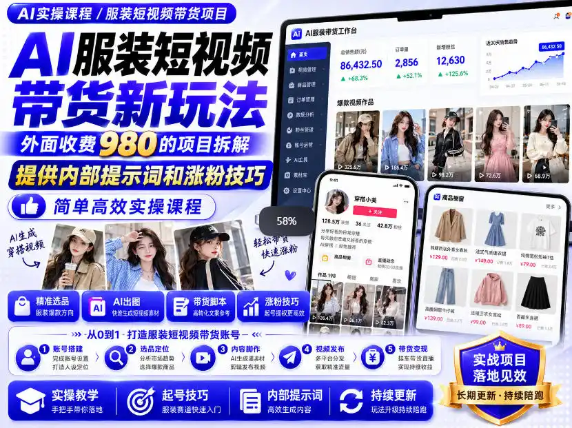外面收费980AI快手带货系统课程，内部课程首次外放，操作简单高效，一分钟一条爆款视频-翻身路网创