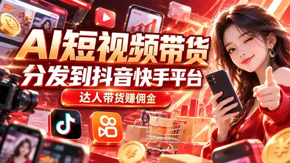 【AI短视频带货】分发到抖音快手平台,达人带货赚佣金-翻身路网创