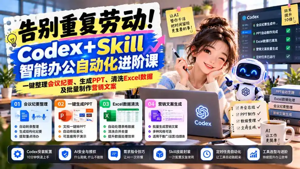 告别重复劳动！Codex+Skill智能办公自动化进阶课：一键整理会议纪要、生成PPT、清洗Excel数据及批量制作营销文案-翻身路网创