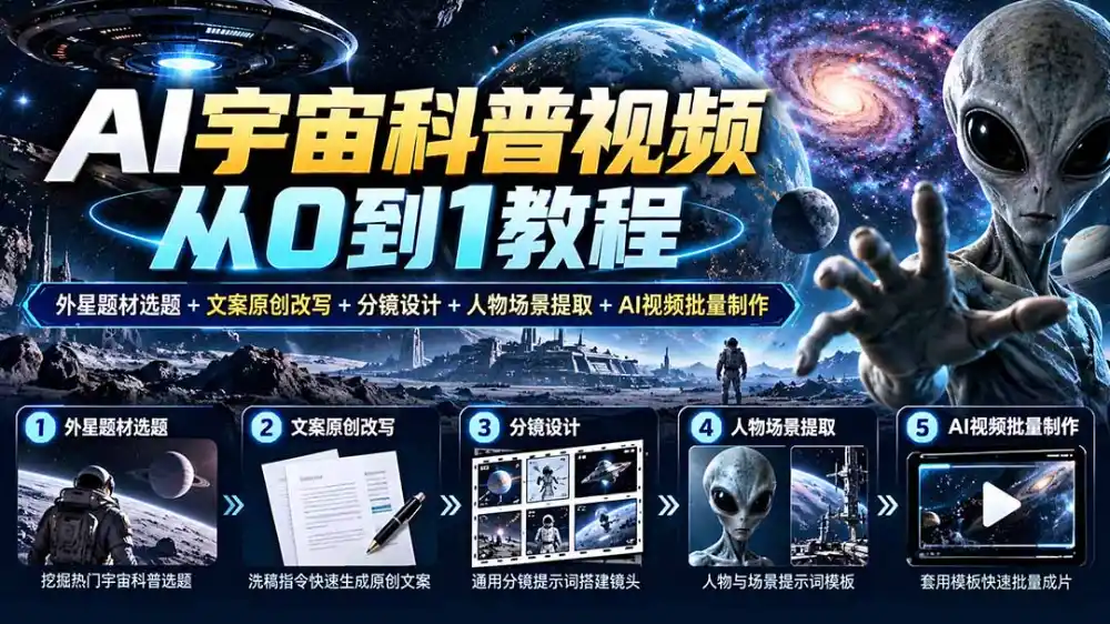 AI宇宙科普视频从0到1教程|外星题材选题+文案原创改写+分镜设计+人物场景提取+AI视频批量制作-翻身路网创
