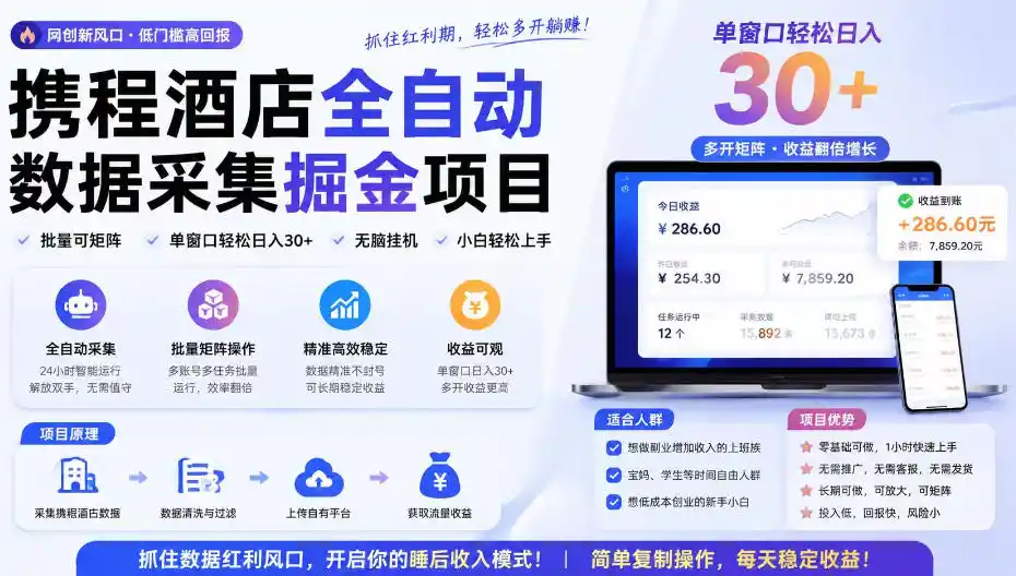 携程酒店采集挂G项目，批量可矩阵，单机轻松日入300+，开启你的睡后收入模式!【揭秘】-翻身路网创