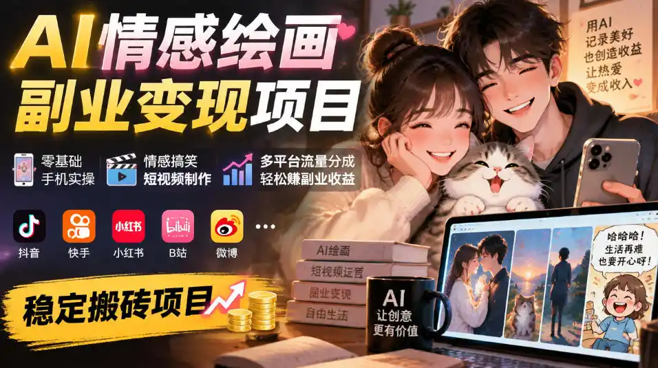 AI情感绘画副业变现项目｜零基础手机实操，情感搞笑短视频制作，多平台流量分成轻松賺副业收益-翻身路网创
