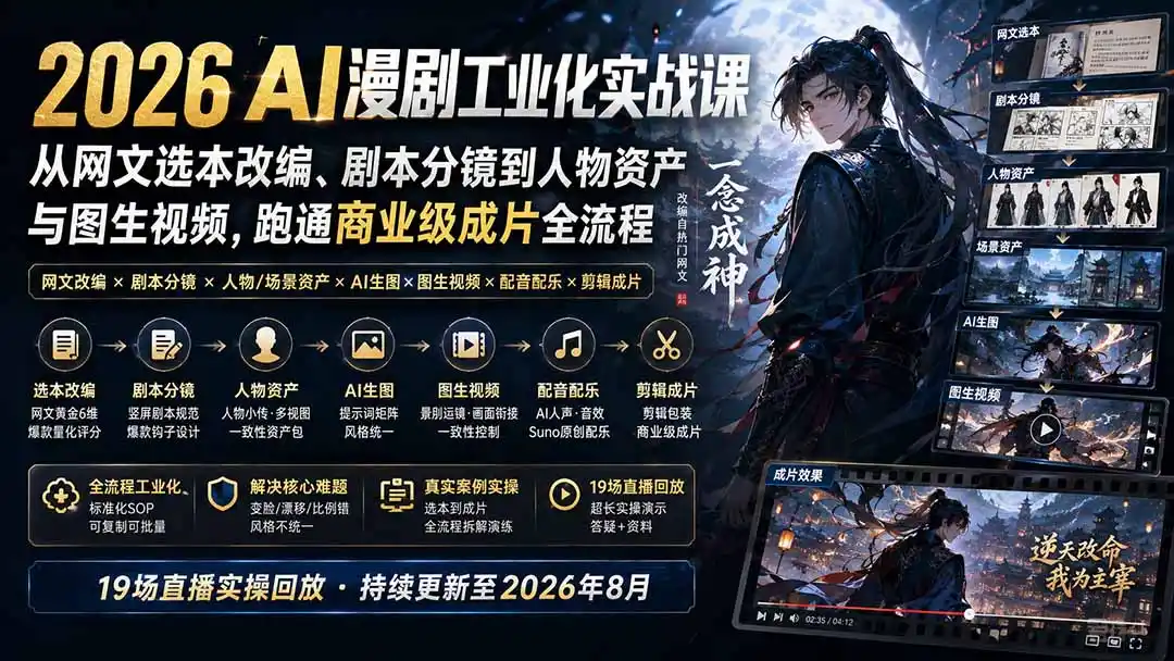 2026 AI漫剧工业化实战课-更新：从网文选本改编、剧本分镜到人物资产与图生视频，跑通商业级成片全流程-翻身路网创