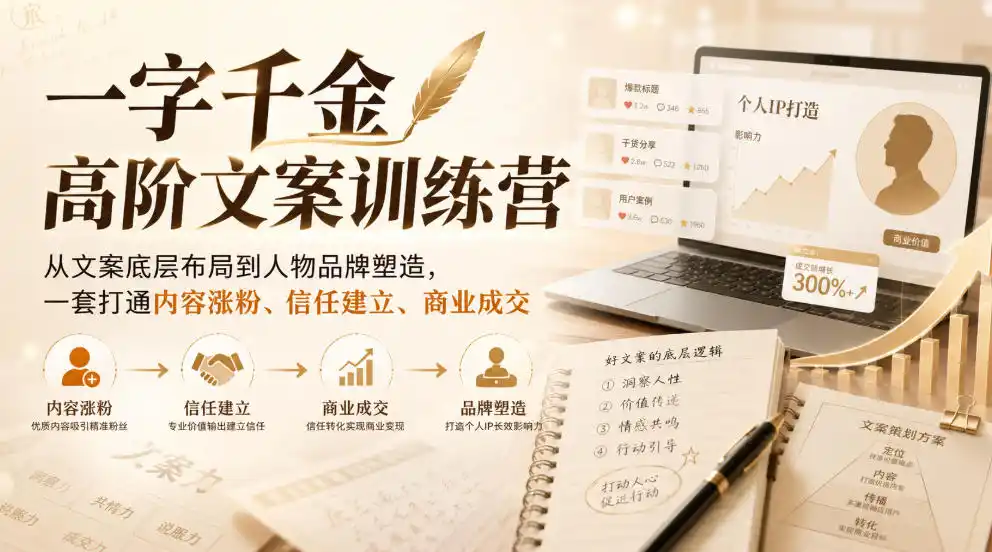 一字千金高阶文案训练营，从文案底层布局到人物品牌塑造，一套打通内容涨粉、信任建立、商业成交-翻身路网创