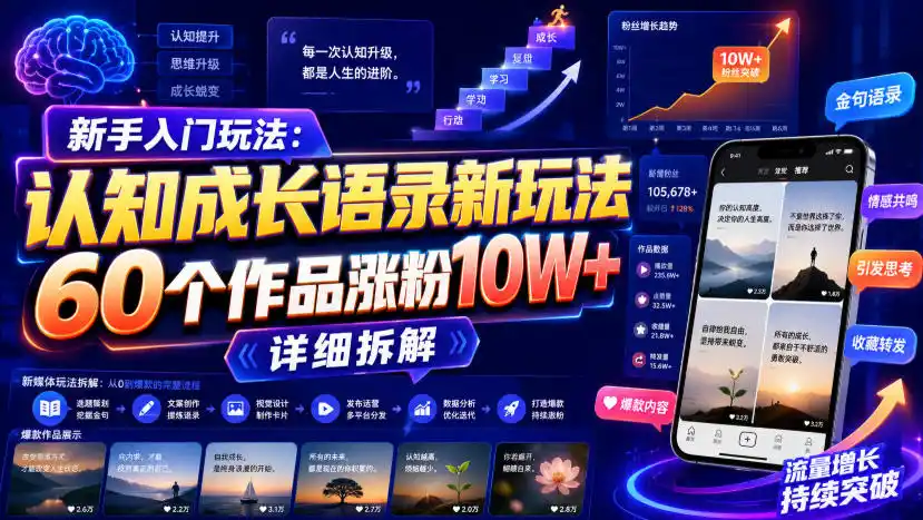 新手入门玩法：认知成长语录新玩法，60个作品涨粉10W+，详细拆解-翻身路网创