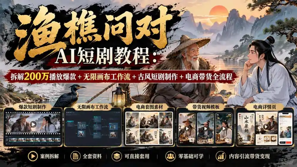 【无水印】渔樵问对AI短剧教程：拆解200万播放爆款+无限画布工作流+古风短剧制作+电商带货全流程-翻身路网创