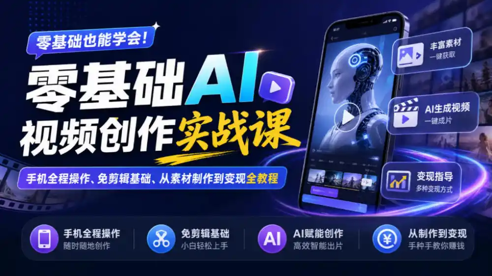 零基础AI视频创作实战课｜手机全程操作、免剪辑基础、从素材制作到变现全教程-翻身路网创